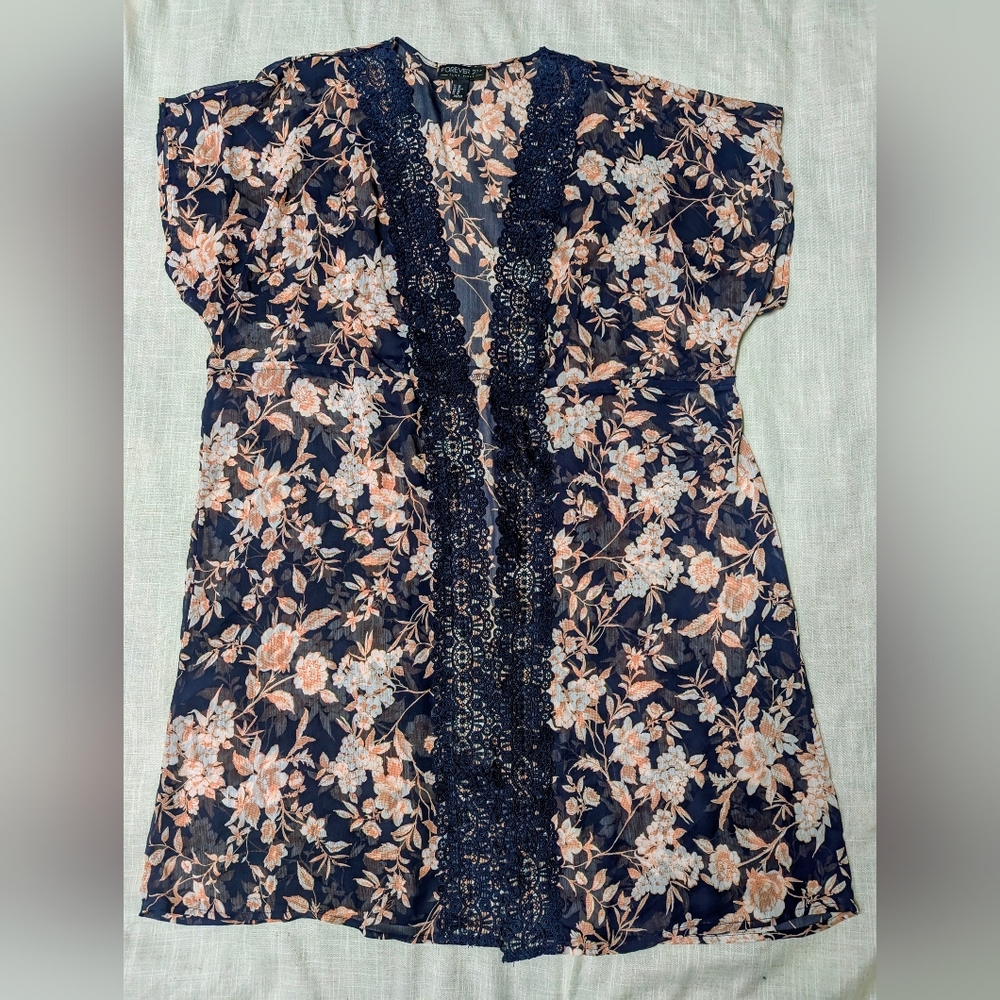 Forever 21+ Floral Kimono Cardigan 0X Navy Sheer Lace Trim